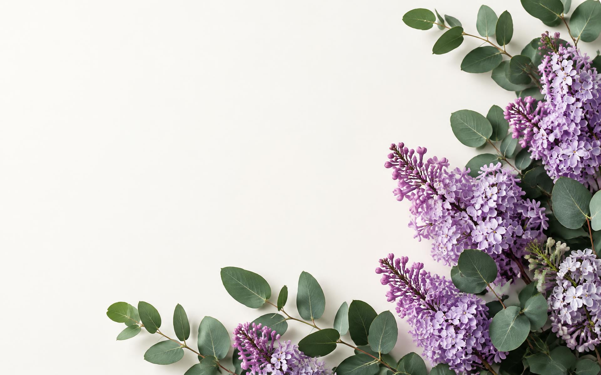 Flores lilás e folhas de eucalipto sobre um fundo claro