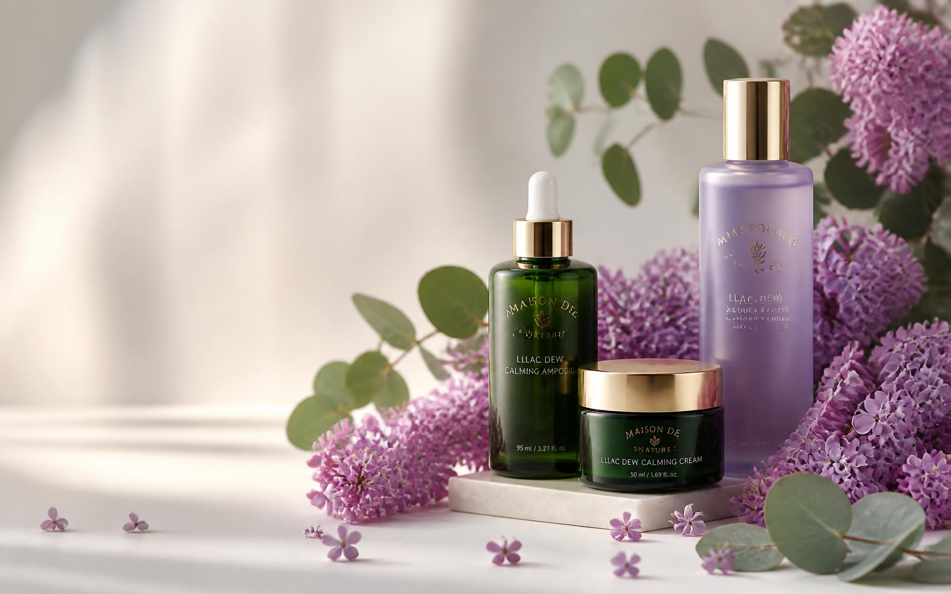 Korean skincare bottles surrounded by lilac blossoms and eucalyptus leaves
